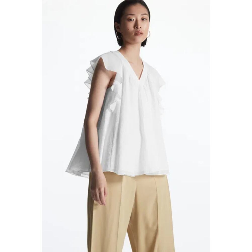 COS Women's V Neck Flutter Cap Sleeve Blouse Gauzy Lightweight Casual Bohemian M